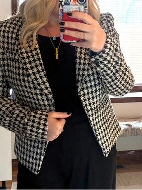 Halogen Black & White Houndstooth Blazer cropped jacket sz L tweed business work